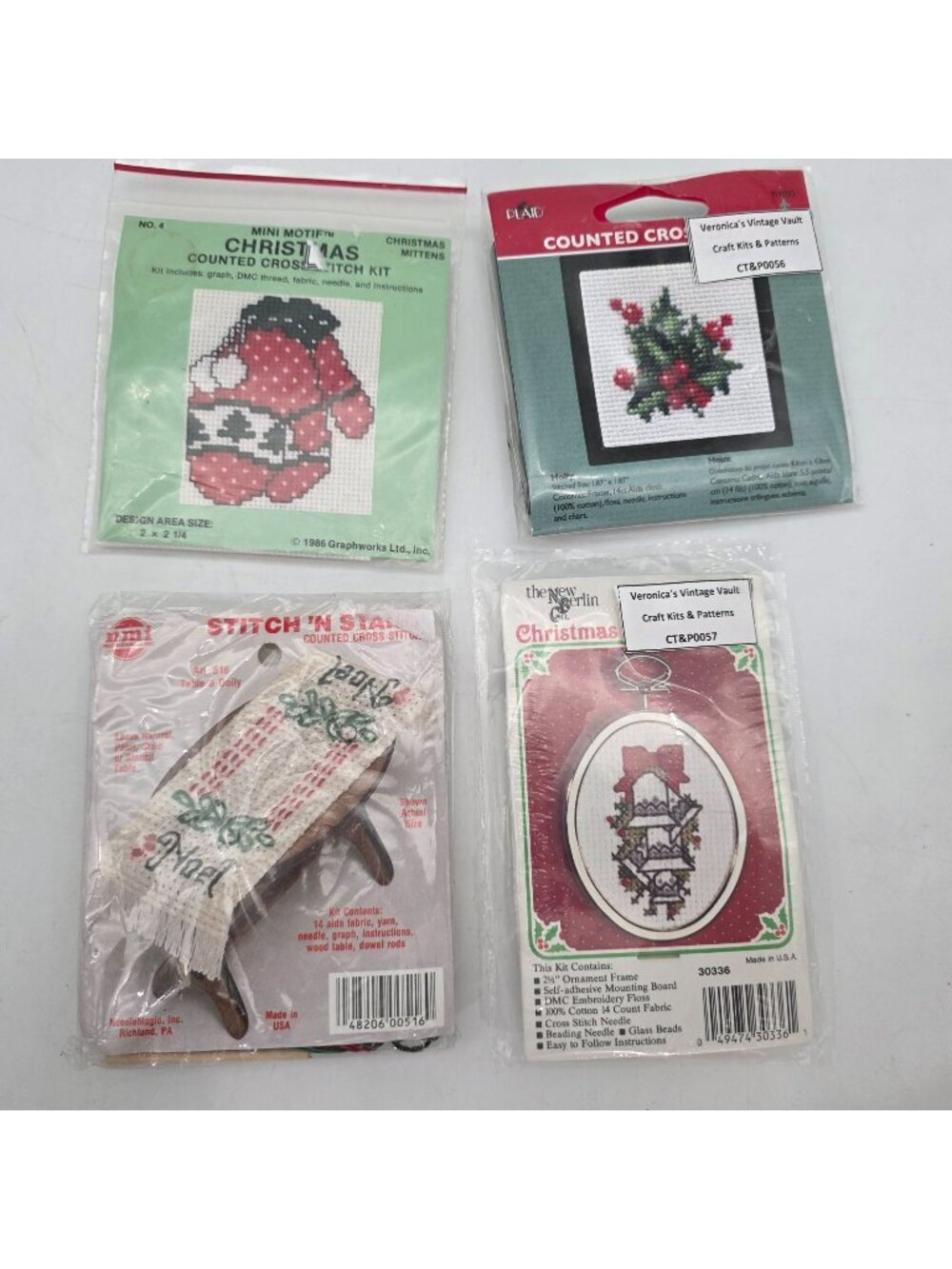 Christmas Cross Stitch Kits Lot Of 4 Mittens Holly Ornament & Table Doily